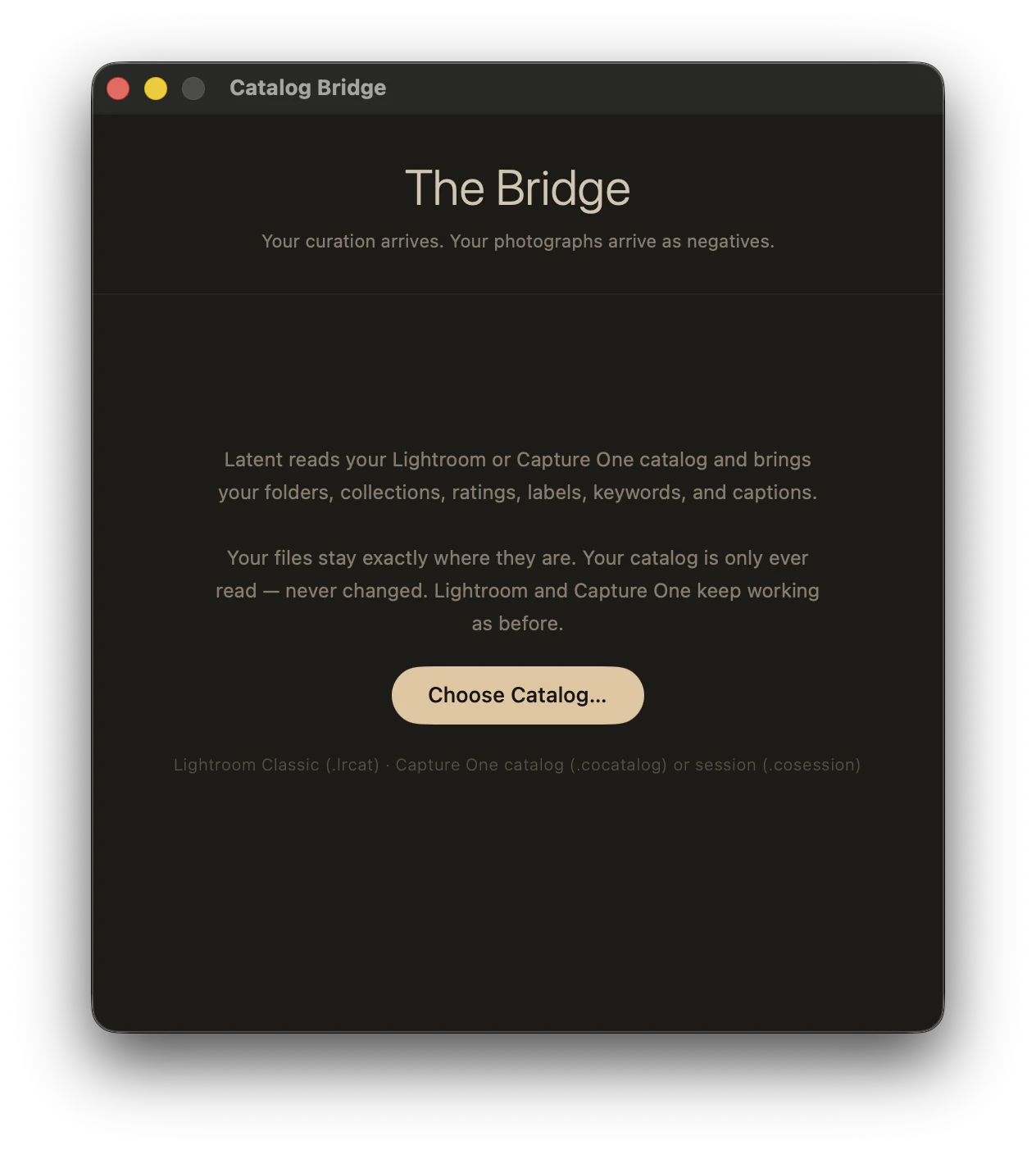 The Catalog Bridge, choosing a Lightroom or Capture One catalog to read