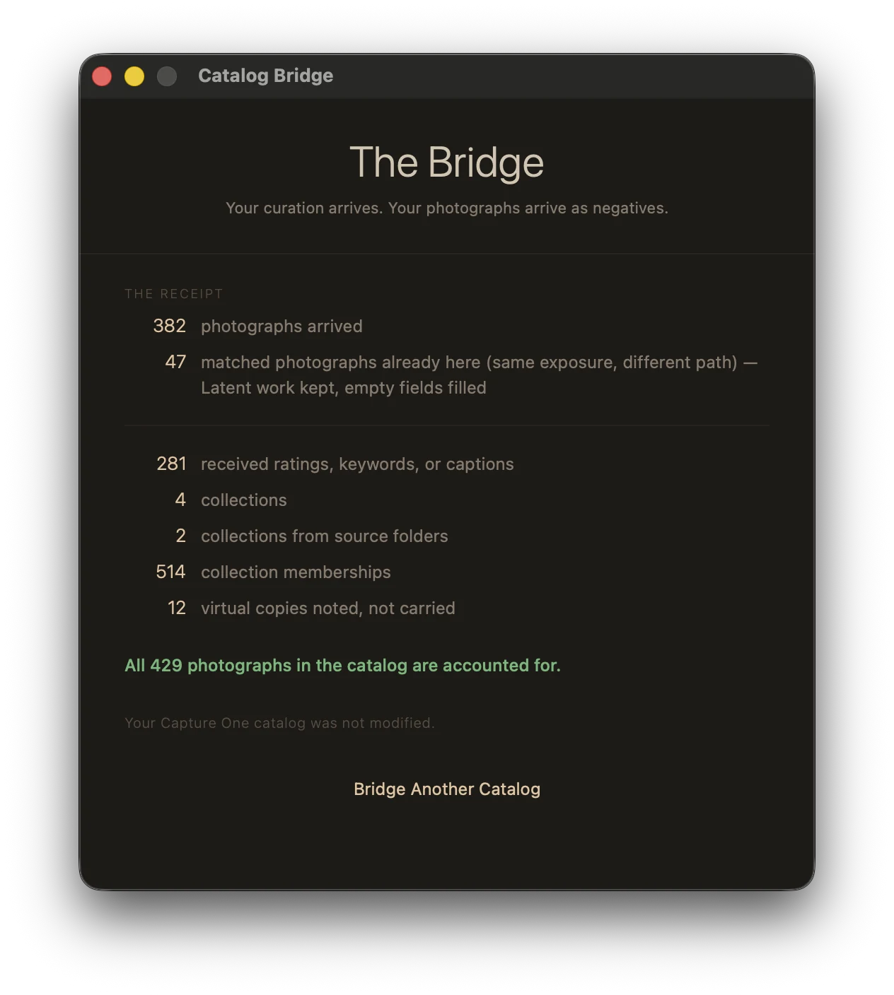 The Catalog Bridge receipt, showing every photograph accounted for and the source catalog left unmodified