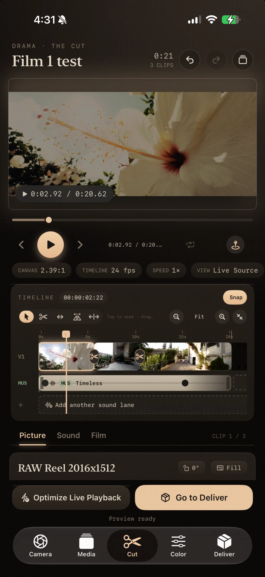 The Cut room in The Lab on iPhone — three clips and a music lane on a 2.39:1 timeline at 24 frames a second, cut from a RAW reel