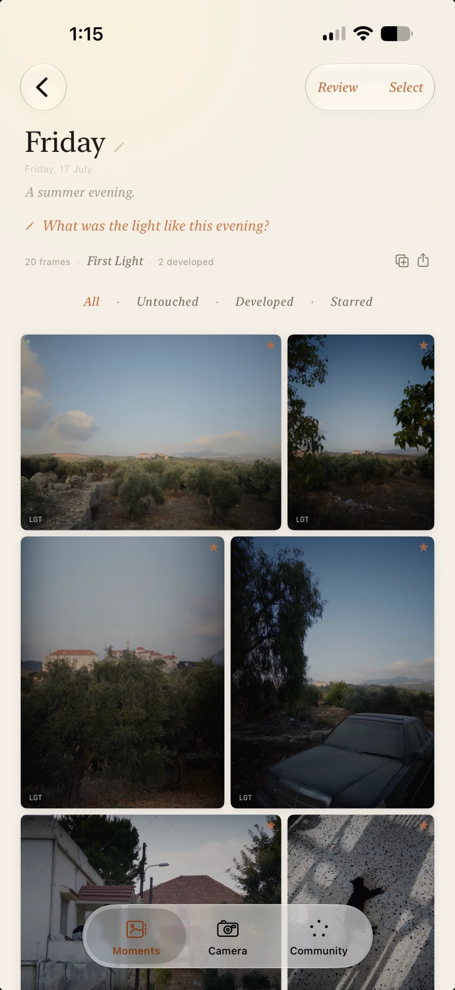 A day in the journal of The Moment on iPhone — Friday, 17 July, “a summer evening”, with the day’s photographs gathered beneath the note