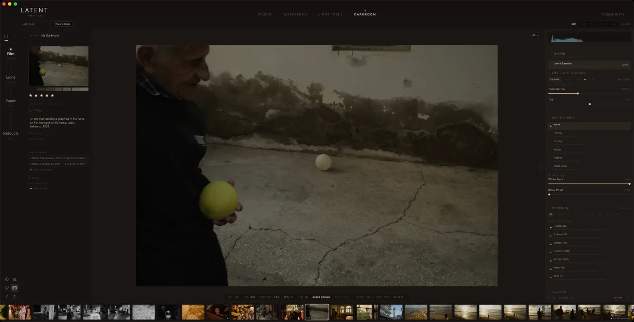 The Darkroom in The Ritual on Mac — a photograph between the Film, Light and Paper shelves and the emulsion list