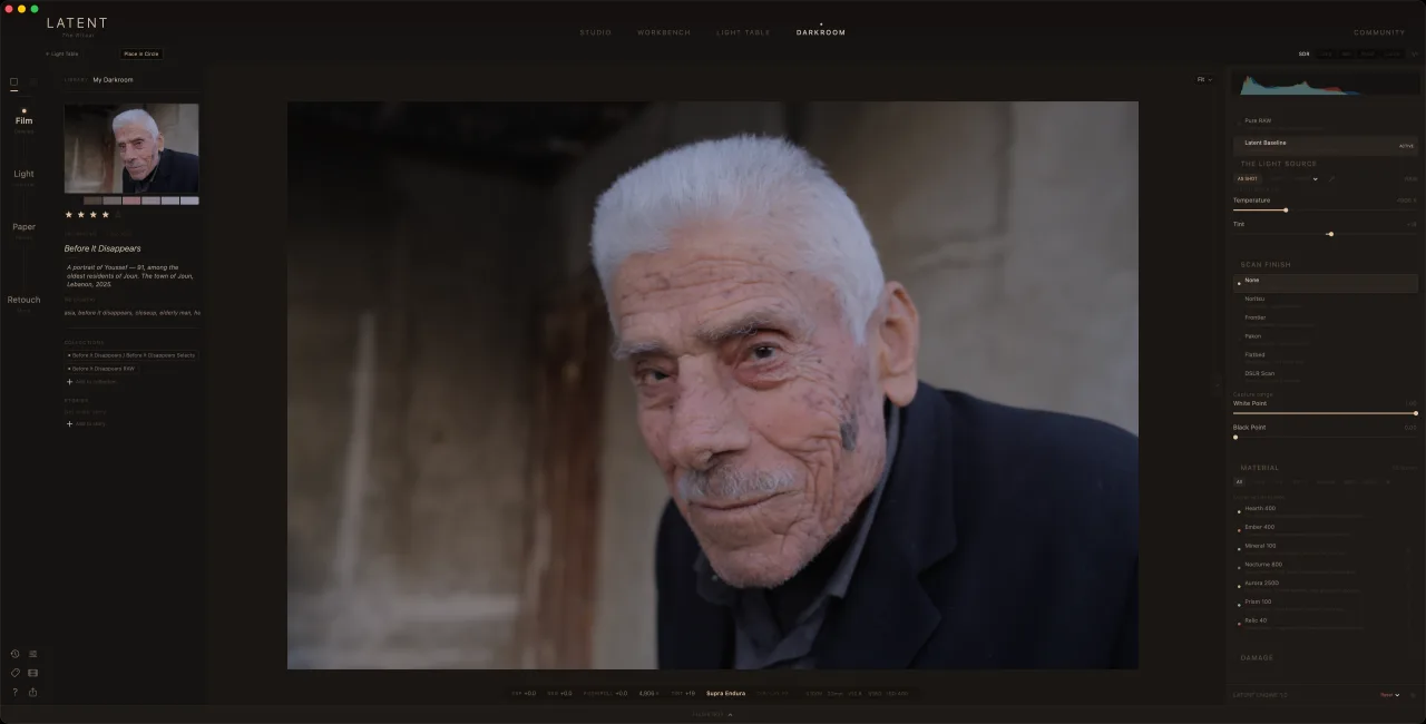 The Darkroom on Mac — a portrait of Youssef from Joun developing on Supra Endura, the emulsion list and scan finishes to one side