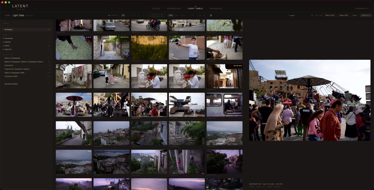 The Light Table in The Ritual on Mac — a rated grid of a body of work beside one photograph held large with its exposure