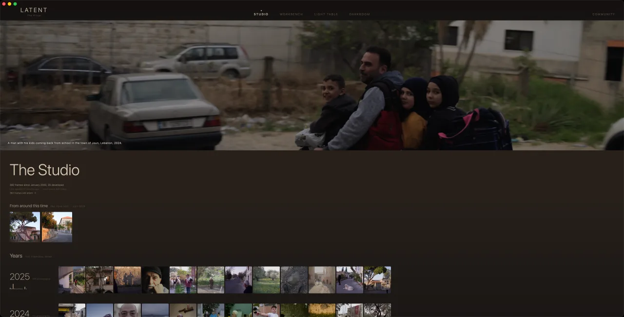 The Studio in The Ritual on Mac — a photograph from Joun across the top, and beneath it 382 frames counted back through the years