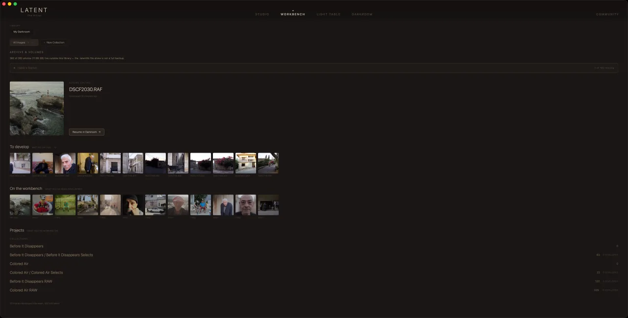 The Workbench in The Ritual on Mac — the frame left mid-edit, twelve waiting to develop, and the note that every photograph lives outside the library